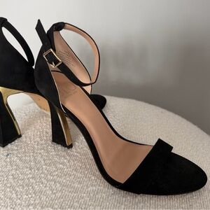 Jennifer Lopez Black Suede Ankle-Strap Block Heels with Gold Accent Size 9.5M